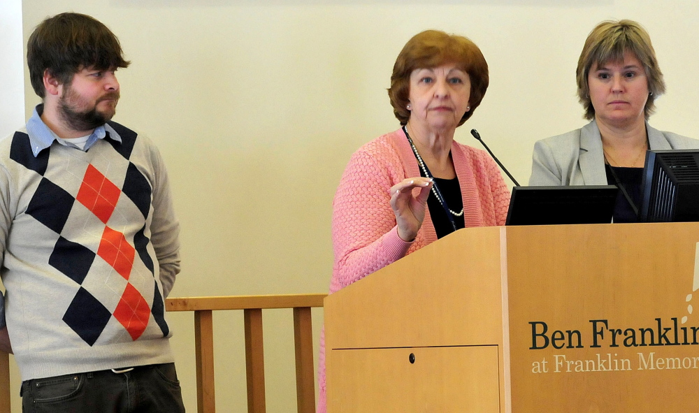 Keynote speakers address state legislators on health care issues at Franklin Memorial Hospital in Farmington on Thursday. From left are Jake Grindle, a health services navigator for Western Maine Community Action; Rebecca Arsenault, president of Franklin Community Health Network; and Janis Walker, the network’s worksite wellness services program manager.