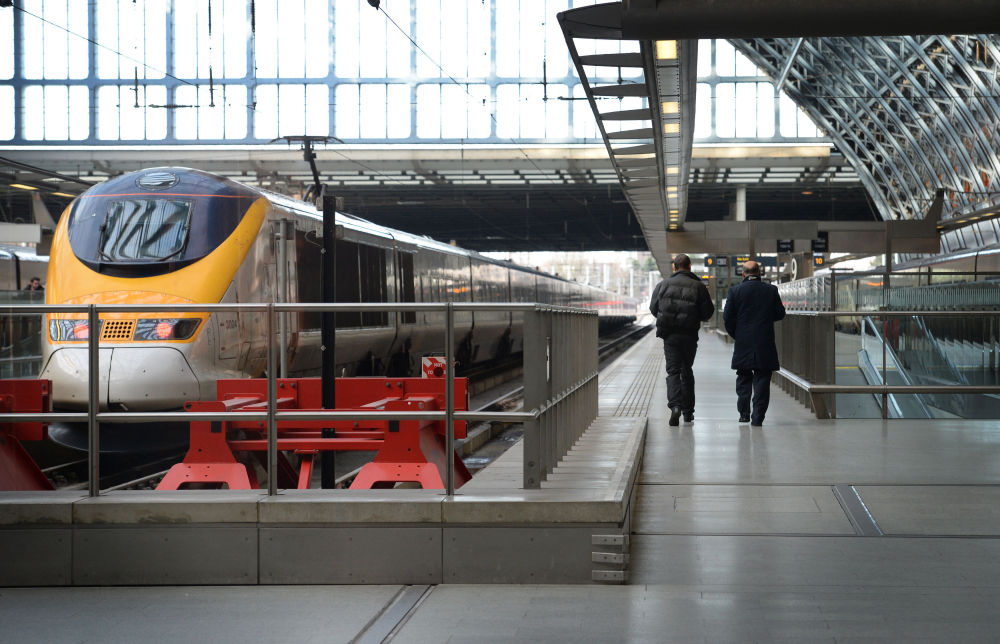 A Eurostar train seen at St Pancras Station after cancellations, in London on Saturday. A fire in a truck that was being transported through the Channel Tunnel triggered an alarm that led to suspension of all passenger and freight rail services between Britain and France on Saturday, police said.