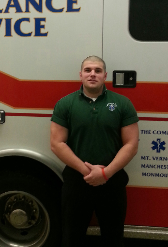 Normal:Tyler Arsenault at Winthrop Ambulance where he works part time as an EMT. He is a Winthrop call firefighter and works full time at Auburn Fire Department as a firefighter and EMT.