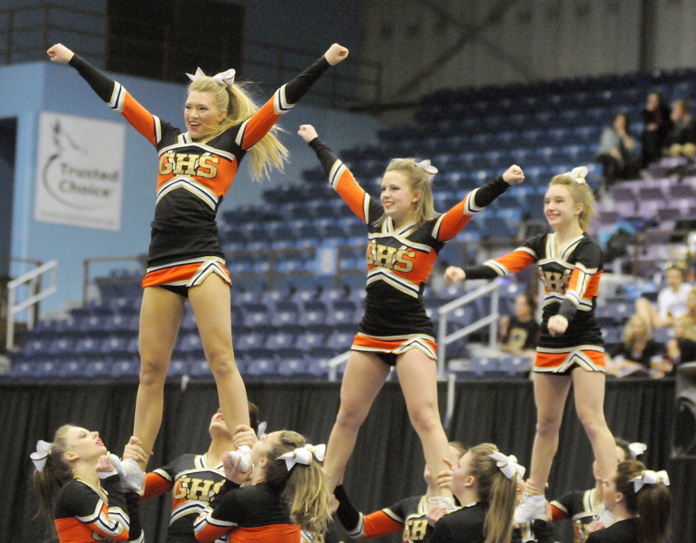 Gardiner Area High School cheerleaders compete Monday at the KVAC cheering competition in Augusta.
