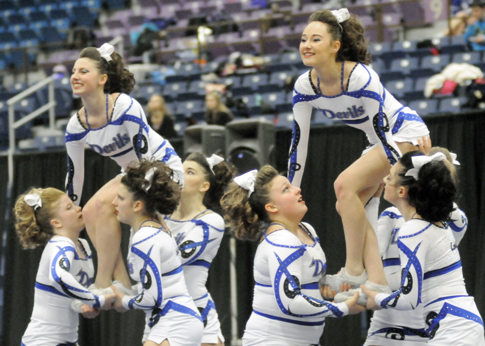 Lewiston High School cheerleaders compete Monday at the KVAC cheering competition in Augusta.