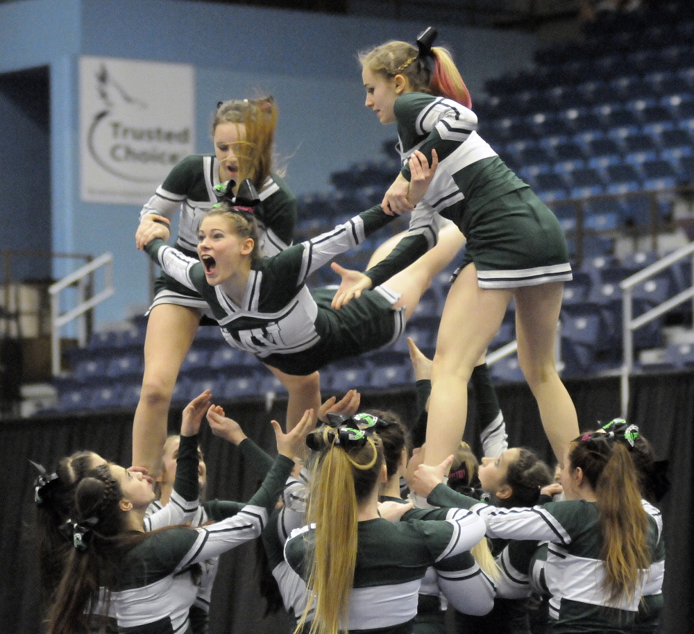 Mountain View High School cheerleaders compete Monday at the KVAC cheering competition in Augusta.