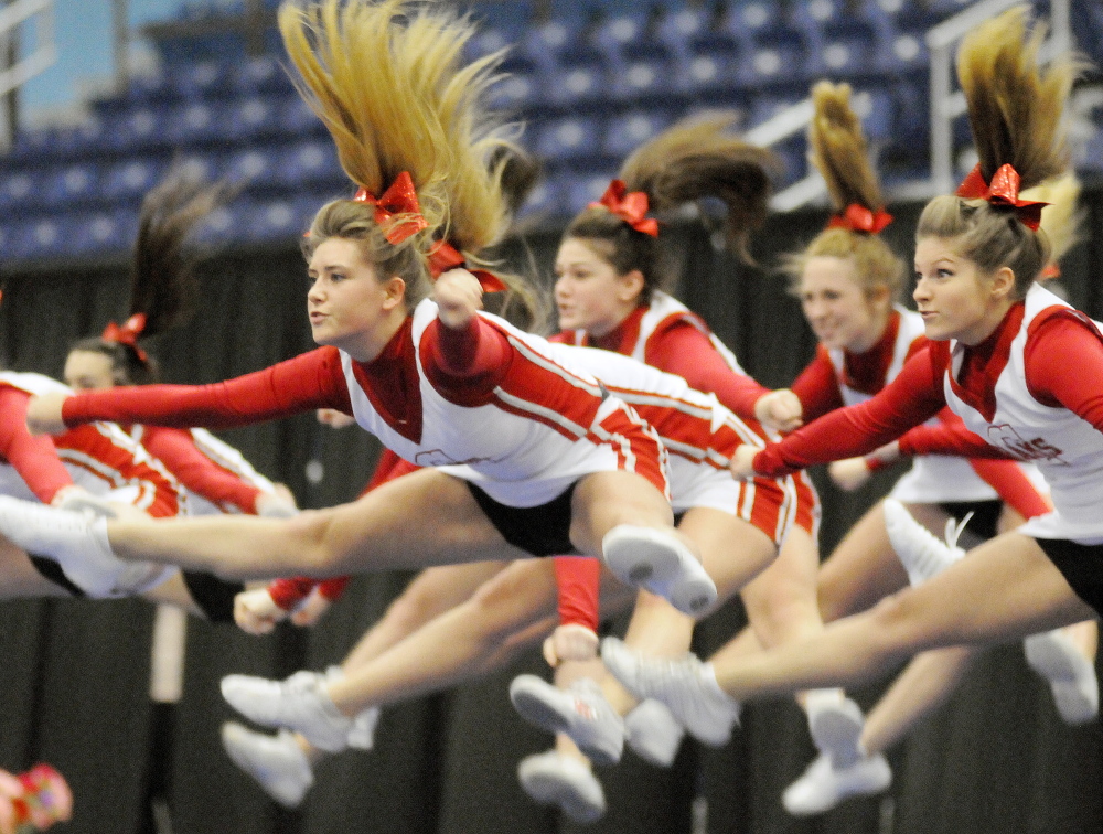 Cony High School cheerleaders compete Monday at the KVAC cheering competition in Augusta.