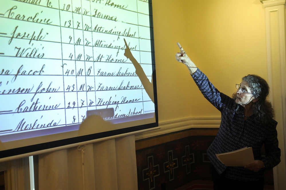 Candace Kanes, curator of the Maine Historical Society’s Memory Network, discusses the hundreds of former slaves who came to Maine in the last years of the Civil War on Monday during a Martin Luther King Day talk at the Southard House Museum in Richmond.
