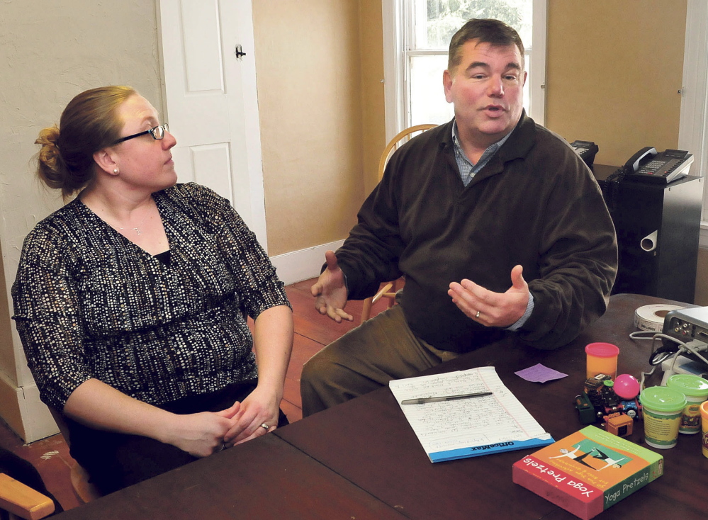 Children’s Center Executive Director Jeffrey Johnson speaks about the new location in Skowhegan on Tuesday. At left is Elisa Sousa, a site supervisor.