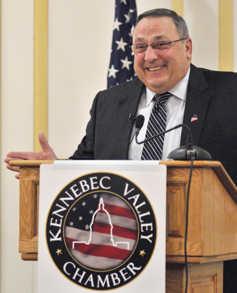 Gov. Paul LePage speaks on Wednesday to the Kennebec Valley Chamber of Commerce at the Senator Inn and Spa in Augusta.