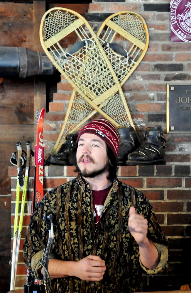 Staff photo by David Leaming
University of Maine at Farmington student Andre Panagore speaks in support of the announced Alpine Operations Certificate program during a news conference Wednesday at Titcomb Mountain in Farmington .