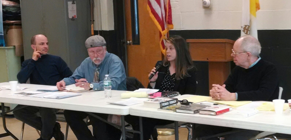 From left are Chris Myers Asch, moderator and historian; Neil Robertson, Maine Prisoner Advocacy Coalition; Grainne Dunne, Maine American Civil Liberties Union; and Lance Tapley, journalist and author.