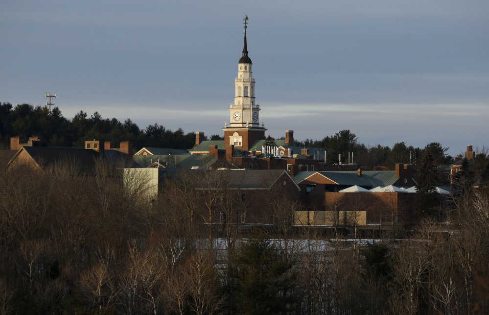 Miller Library towers above the Colby College campus in Waterville. The college has an endowment that’s approaching $750 million.