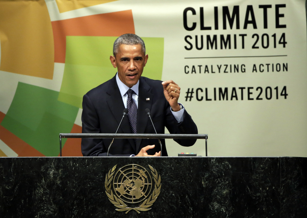 President Obama addresses the Climate Summit in September at United Nations headquarters. His ambitious efforts to combat global warming face their biggest trial yet as Republicans take control of Congress. Success for Republicans would have ramifications far beyond the United States. The Associated Press