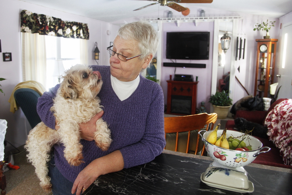 Ellen Harris-Howard of Lebanon and her husband pay $125 a month for electricity at the home they share with their dog, Cricket. Falling prices are “just a blessing for us,” she said. Jill Brady/Staff Photographer