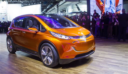 The Chevrolet Bolt EV electric concept vehicle is onstage at the North American International Auto Show in Detroit Monday. The Associated Press