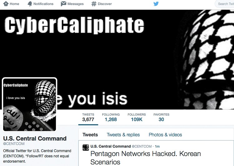 The Twitter site of the military's U.S. Central Command was taken over Monday by hackers claiming to be working on behalf of the Islamic State militants. The Associated Press
