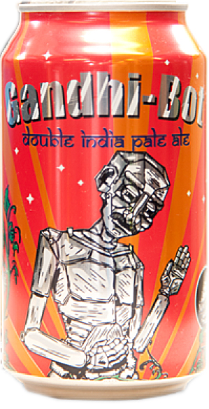 New England Brewing Co.'s website shows this photo of a can of Gandhi-Bot, which is described as "an intensely hopped double India pale ale with a blend of three varieties of American hops. Aromatic and fully vegetarian, Gandhi-Bot is an ideal aid for self-purification and the seeking of truth and love."