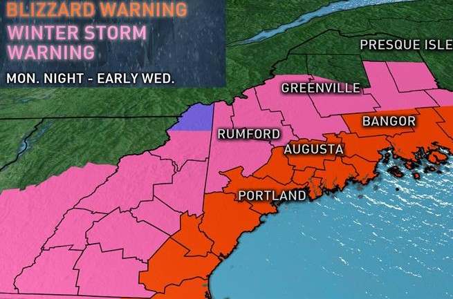 The National Weather Service issued a blizzard warning for coastal Maine. Map courtesy of WCSH-TV Channel 6.