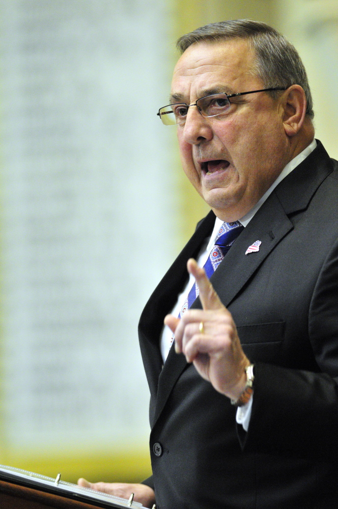 Gov. Paul LePage gives the State of the State address on Tuesday before a joint convention of the Legislature assembled in the House chamber at the State House in Augusta.