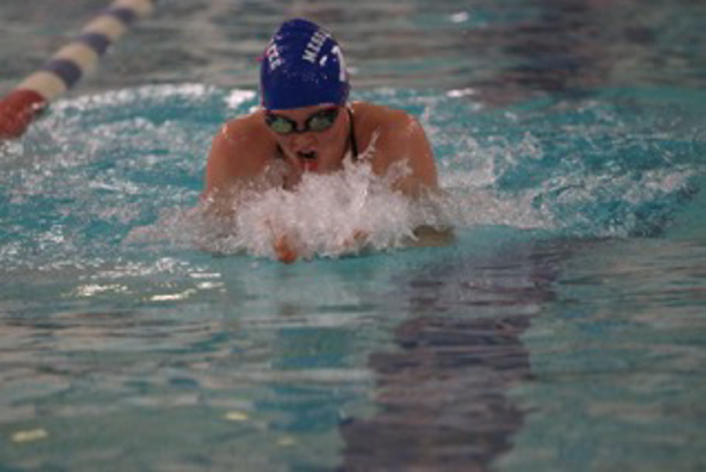 Contributed photo 
 Messalonskee's Kristy Prelgovisk competes during a Jan. 29 meet against Waterville at the Alfond Youth Center. Prelgovisk and the Eagles will look to shine at the Kennebec Valley Athletic Conference Class A championship meet Saturday in Bath.