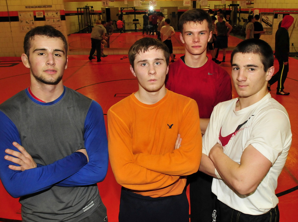 Skowhegan Area High School wrestling team captains from left are Kameron Doucette, Ty Craig, Logan Stevens and Julian Sirois.