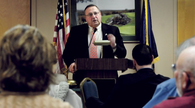 Gov. Paul LePage speaks to members of the Waterville Rotary Club Monday about his plans to reduce the state income tax, to tax non-profit organizations and to increase the sales tax for goods and certain services to visitors from out of state.