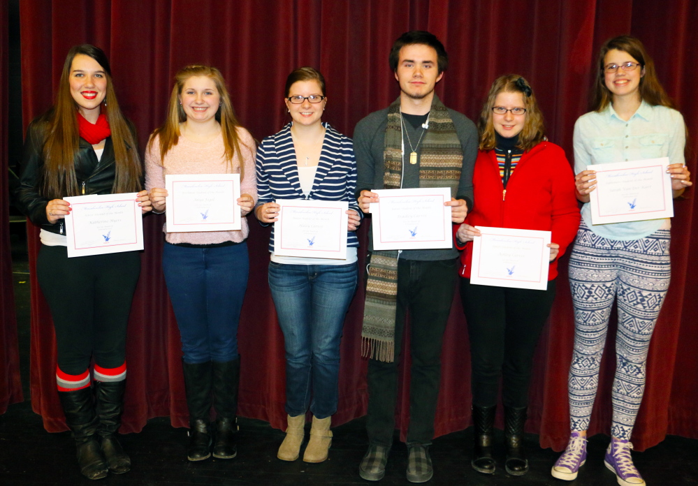 Messalonskee High School recently announced its February Students of the Month. They are, from left, senior Kathryn Myers, freshman Anya Fegel, junior Haley Carver, junior Brad Carver, junior Brad Carver and sophomore Sarah VanDerKarr. These students were chosen for their academic improvement, excellence and contribution to the Messalonskee school community. The students were nominated by MHS faculty members and chosen by the school’s Culture Committee and Leadership Team. The students’ pictures will be on display. In addition, they will receive preferential parking at the school as well as a variety of items donated by local businesses that support Messalonskee’s goal of honoring excellence in the school.