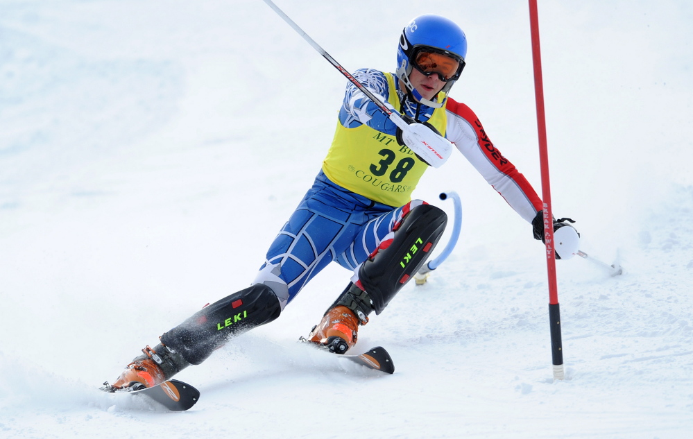 Mt. Blue High School’s Dylan Roberts competes in the alpine event at the KVAC/MVC championships last week at Titcomb Mountain in Farmington.