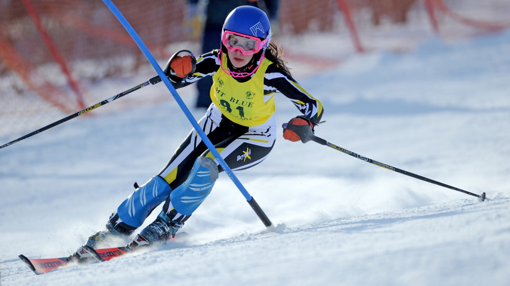 Maranacook’s Erin Guilmet competes in the alpine event at the KVAC/MVC championships last week at Titcomb Mountain in Farmington.