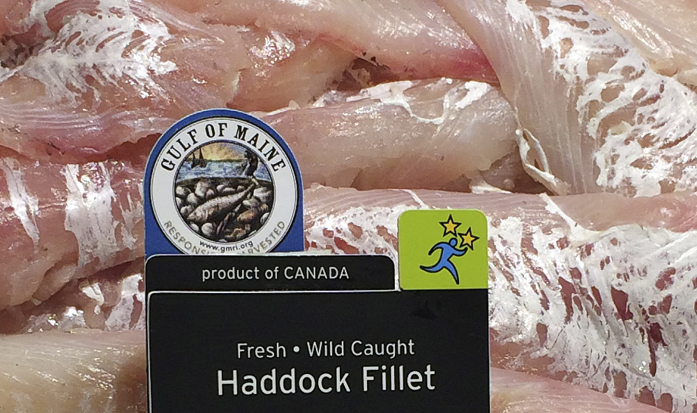 Haddock fillets at a Hannaford supermarket in Portland bear the label certifying the fish were harvested sustainably from the Gulf of Maine stretching from Cape Cod to Nova Scotia.