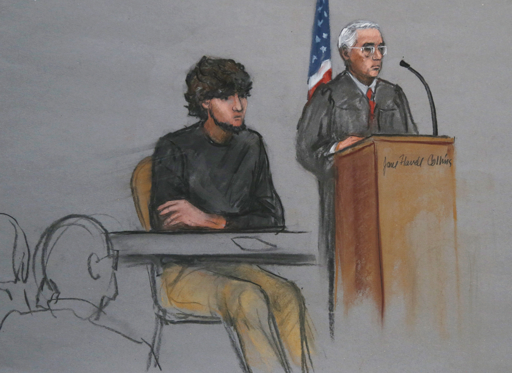 Boston Marathon bombing suspect Dzhokhar Tsarnaev is depicted beside U.S. District Judge George O’Toole Jr. as O’Toole addresses a pool of potential jurors in a jury assembly room at the federal courthouse in Boston last month. Tsarnaev’s lawyer insists that the court cannot find a fair and impartial jury in Massachusetts because too many people believe he’s guilty and many have personal connections to the marathon or the bombings.