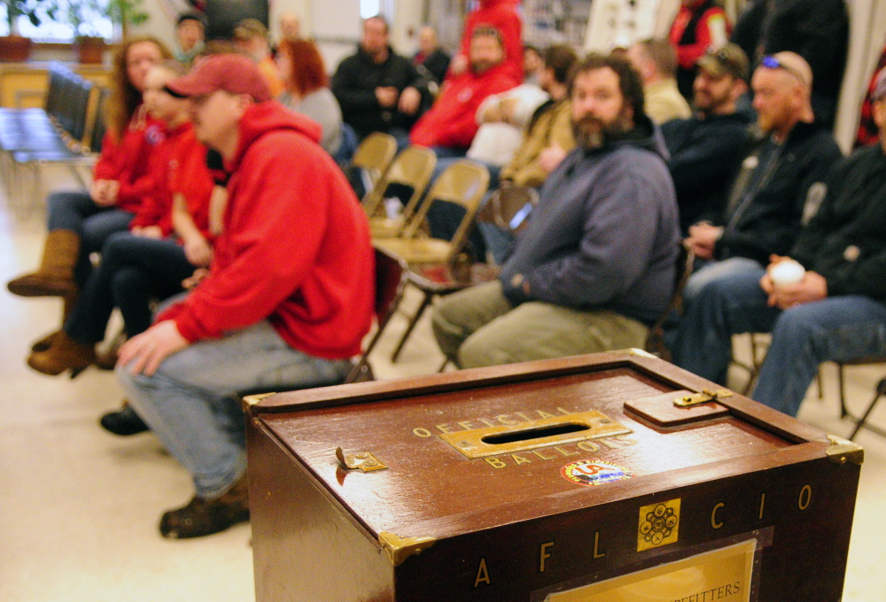 A ballot box sits on a table before a meeting in Augusta Sunday at which FairPoint workers ratified a new contract.