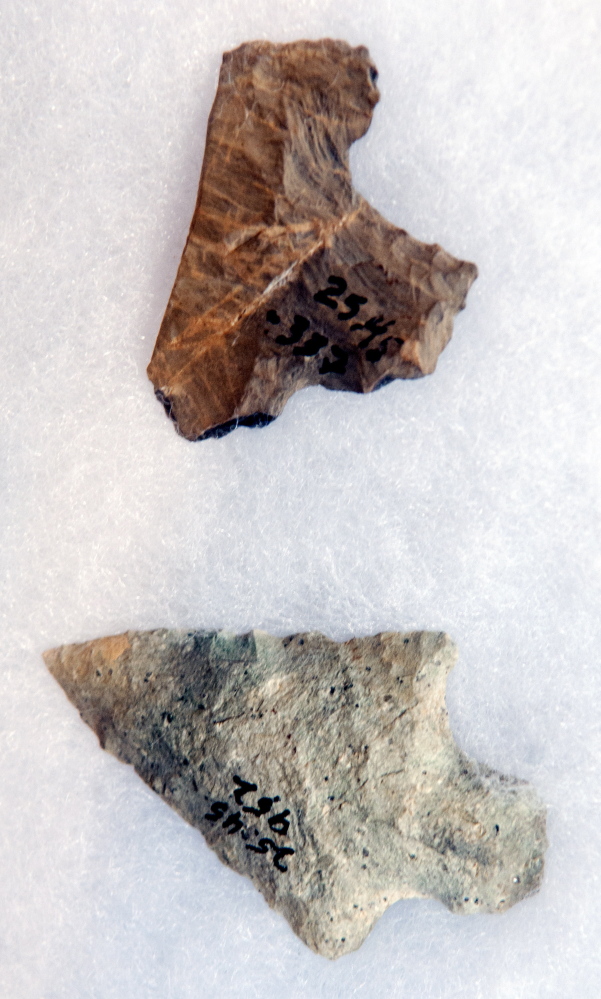Arthur Spiess, an archeologist with the Maine Historic Preservation Commission, showed these artifacts from the Dresden Falls Archaic Site during a lecture on Sunday at Bridge Academy Public Library in Dresden.