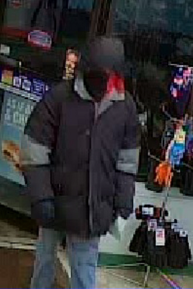 A surveillance image of the man who police say robbed the Cumberland Farms convenience store on Main Street in Fairfield early Monday morning.