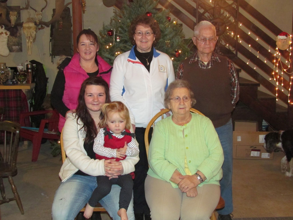 CAP.cutline_standalone:In front, from left, are Kayla Duguay, of Augusta, holding her daughter Ivy Duguay; and Barbara Smith, of Farmingdale. In back, from left, are Julie Murphy, of Augusta; Joyce Farren, of Augusta; and Loring “Bud” Smith, of Farmingdale.