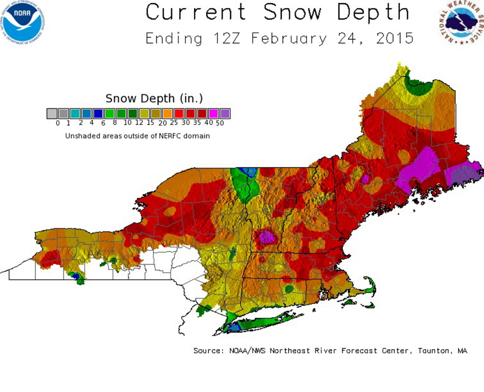 Snow depths in the Northeast on Tuesday.