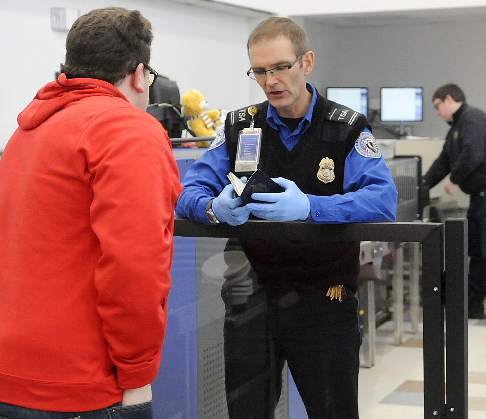 Passengers are screened Tuesday by the Transportation Security Administration before boarding a flight at the Augusta State Airport. Homeland Security funds that pay TSA agents are set to expire unless Congress authorizes a spending bill for the agency.