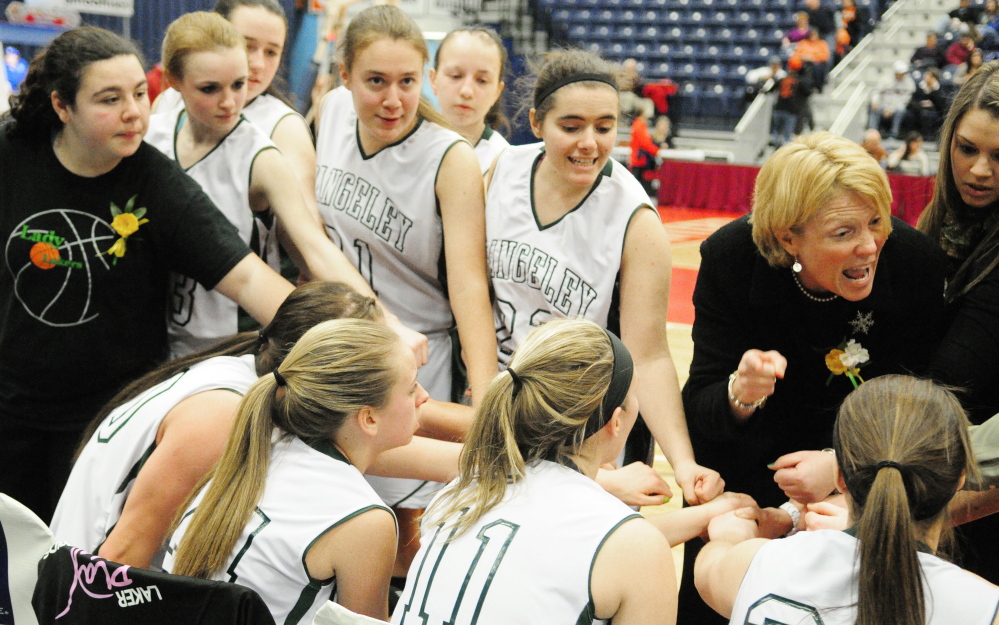 Rangeley coach Heidi Deery talks to her team in the fourth quarter of the Western D championship game last Saturday at the Augusta Civic Center. Deery leads the team into the Class D state title game Saturday against Washburn.