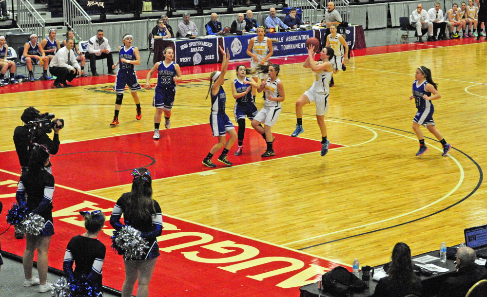 Marancook senior guard Elizabeth D’Angelo shoots during a Western C semifinal on Feb. 20.