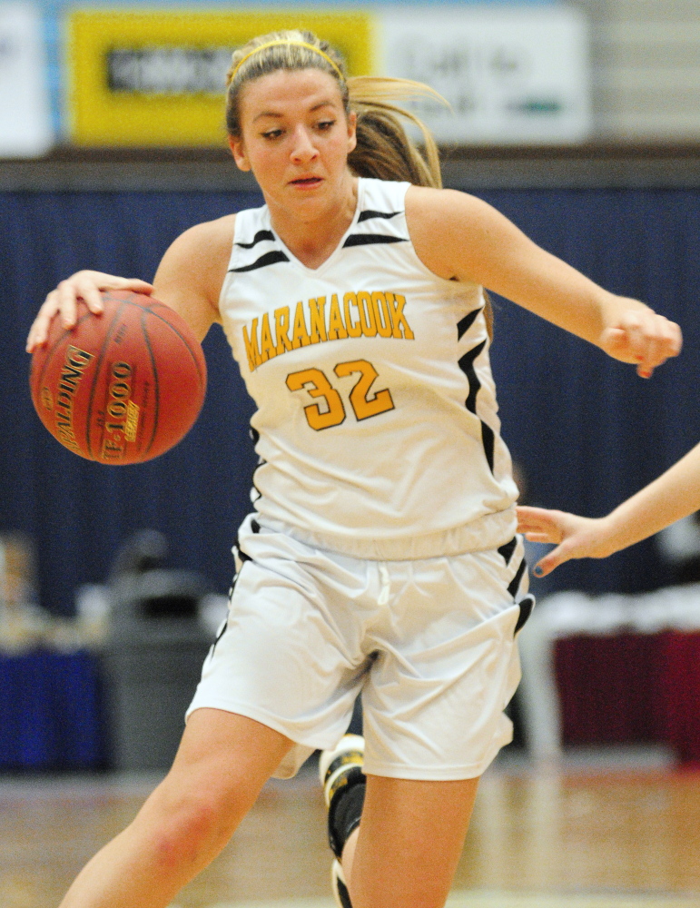Maranacook senior forward Christine Miller plays against Mountain Valley during a Western C semifinal Feb. 20 at the Augusta Civic Center. Miller and the Black Bears will go for the Class C state title Saturday against Houlton.