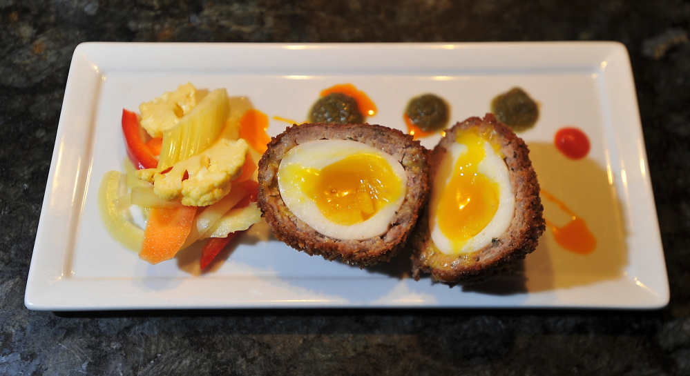 The sausage and eggs for the Scotch eggs come from local providers.
