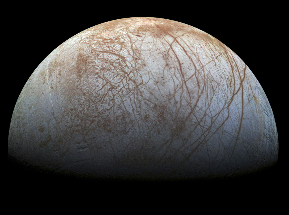 A new mosaic made from images taken by NASA’s Galileo spacecraft in the late 1990s reveals the patterned surface of Jupiter’s icy moon, Europa.