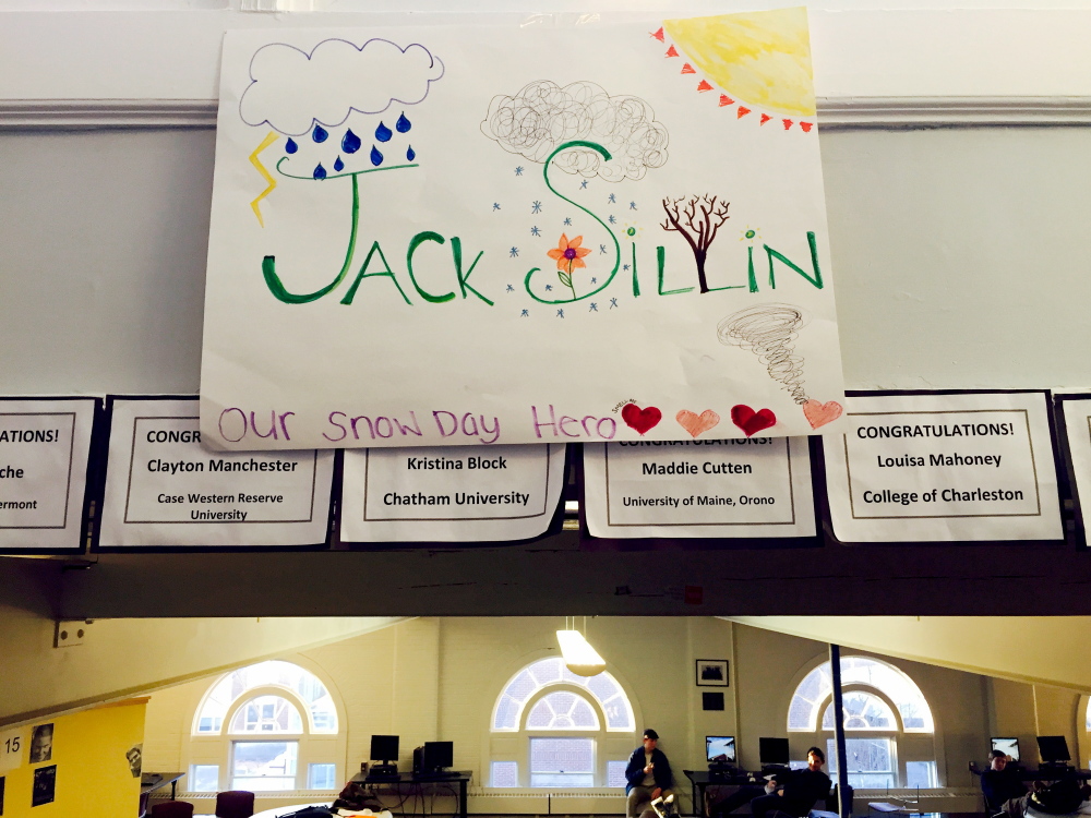 When freshman Jack Sillin correctly predicted four snow days in quick succession at North Yarmouth Academy, a handful of upperclassmen posted congratulatory signs around campus dubbing him “Our Snow Day Hero.”