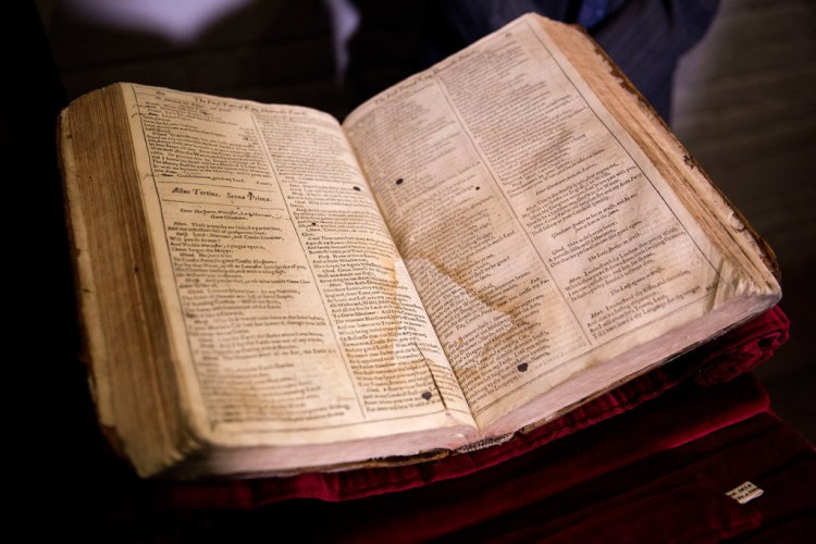 This is a First Folio of Shakespeare plays recently discovered in Saint-Omer in France. The Folger Shakespeare Library in Washington has organized a traveling tour of First Folios to mark the 400th anniversary of Shakespeare's death. The Associated Press
