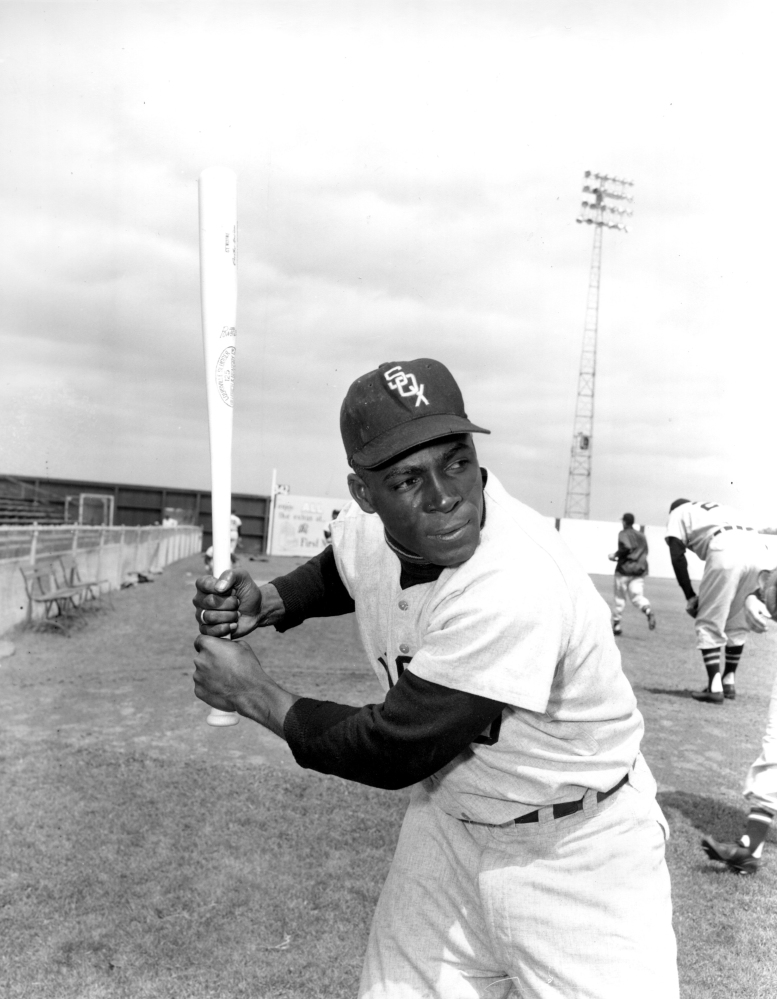 Chicago White Sox outfielder Orestes “Minnie” Minoso poses in batting position in Tampa, Fla., in March 1957.
