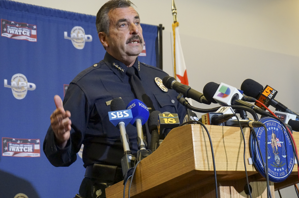 Los Angeles Police Chief Charlie Beck speaks Monday about the shooting of a homeless man on Skid Row on Sunday. Beck said a rookie officer cried out that the man had a hold on his gun before three other officers opened fire.