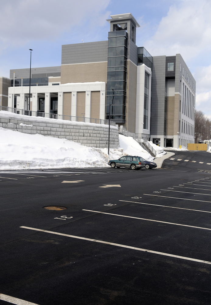 Parking spaces were unused at Capital Judicial Center in Augusta, which opened its doors on Monday.