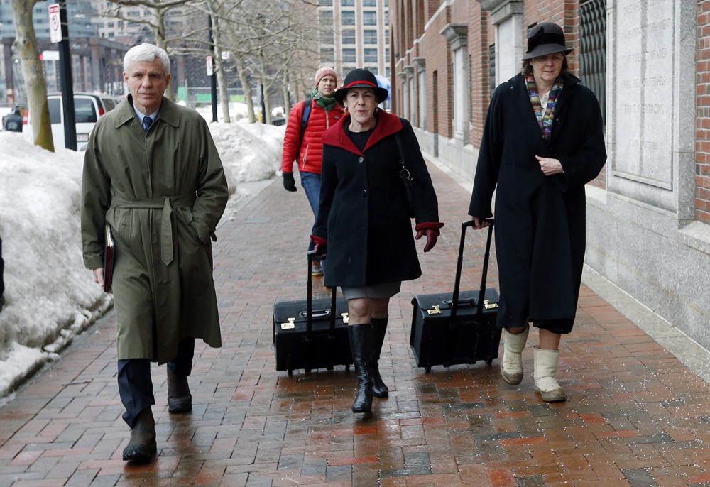 Members of the legal defense team for Boston Marathon bombing suspect Dzhokhar Tsarnaev, including David Bruck, left, Miriam Conrad, center, and Judy Clarke, right, arrive at federal court Wednesday in Boston, on the first day of Tsarnaev’s federal death penalty trial.