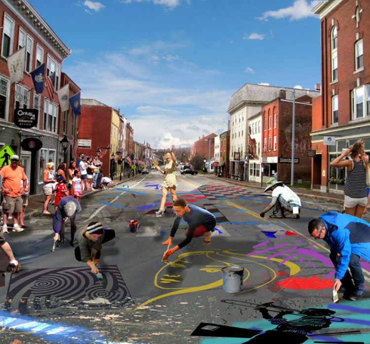 Artist Chris Cart’s vision of what a Hallowell Water Street painting party might look like. The city’s creative community is proposing residents paint a giant mural on the street before it is torn up for construction, a project that’s still several years away.