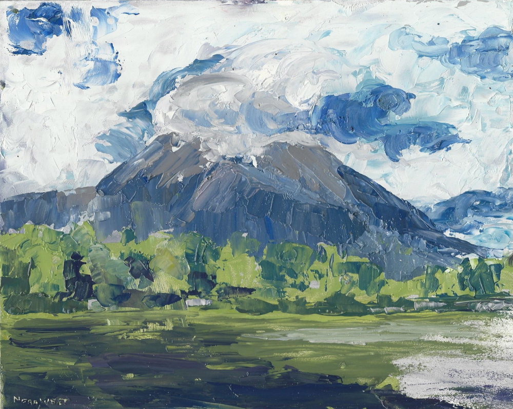 On exhibit: “Katahdin in the Clouds,” an 8” x 10” oil painting by Nora West is one of the works she produced as the Artist in Residence at Baxter State Park last summer and which will be exhibited at High Peaks Artisan Guild gallery March 6 during the Kingfield Friday Artwalk and throughout the month.