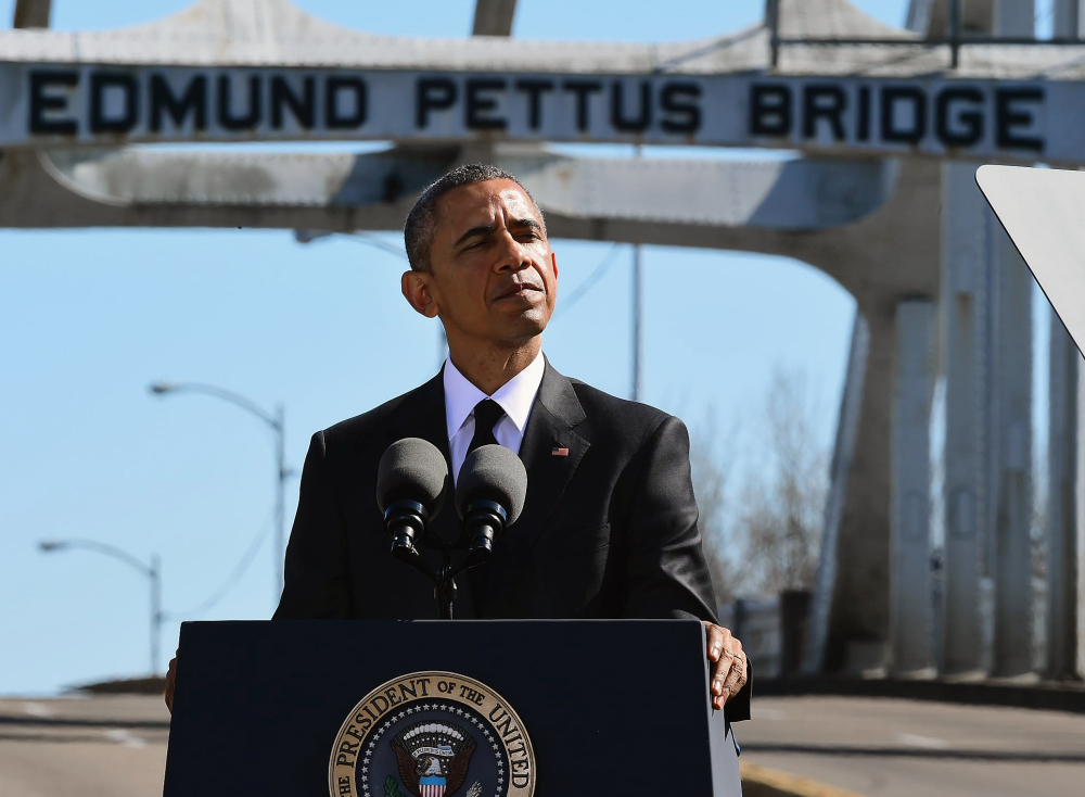 President Barack Obama speaks near the Edmund Pettus Bridge, Saturday, March 7, 2015, in Selma, Ala.