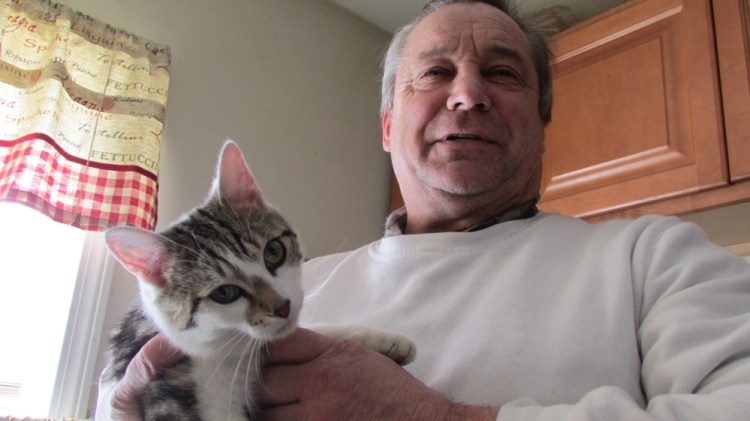 William Rattenni holds Floki, an 8-month-old housecat, on Saturday in his Fairfield Street apartment in Oakland. A neighbor claims that Floki attacked her and trapped her in her home on Thursday morning.