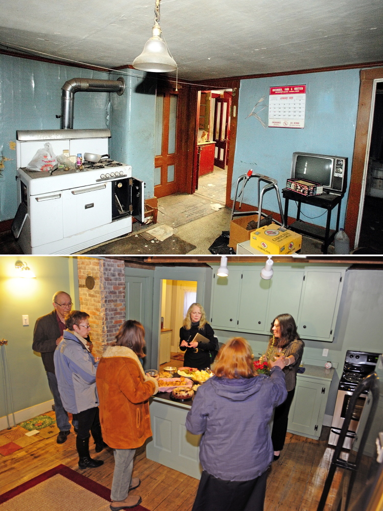 Top is an interior photo of 25 Bond St. in Augusta taken on Jan. 16, 2013. The bottom photo from an open house on March 4, 2015, shows the kitchen after recent renovations.